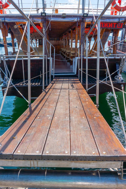 Gangway on board the boat.  Moored pleasure boat. - Photo, Image