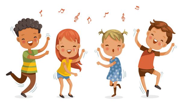 Lapset tanssivat. pojat ja tytöt tanssivat yhdessä onnellisesti.Hyppääminen, ravista lantiota, liikuta kehoa, söpö sarjakuva Nauti rytmistä. Pidä hauskaa lapsuudessa.Vektori kuvituksia Eristetty valkoisella taustalla
 - Vektori, kuva