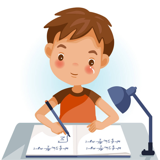 Chlapec píše, děti dělají domácí úkoly, matematika doma. Cartoon roztomilý chlapeček v červené košili sedí na stole. Koncept věku učení. Vektorové ilustrace izolované na bílém pozadí. - Vektor, obrázek