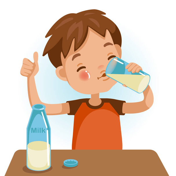 Słodki chłopiec w czerwonej koszuli trzymający szklankę dziecka pijącego mleko. Kciuki do góry. Emocjonalnie. Zdrowe koncepcje i wzrost żywienia dzieci. Ilustracja wektorowa izolowana na białym tle. - Wektor, obraz