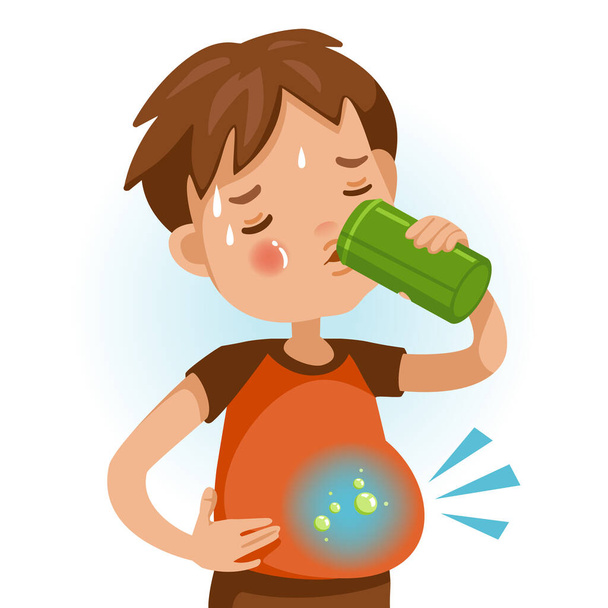 Lindo chico con camisa roja sosteniendo latas de bebida de niño bebiendo agua con gas. Dolor abdominal, flatulencia, gases en el estómago. Malo para la salud de los niños. Ilustración vectorial aislada sobre fondo blanco
 - Vector, imagen