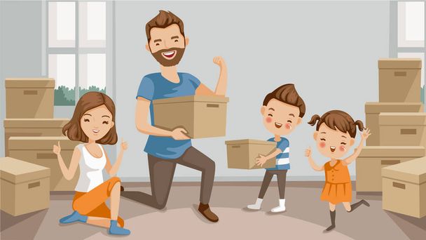 Family moving packing and unpacking boxes, husband and wife, son, daughter, celebrating or exhausted at the end of packing. cartoon character parents and lovely children. Vector illustration isolated. - Vector, Image