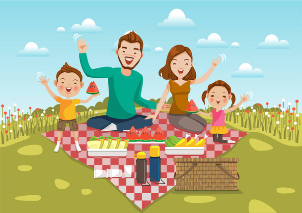 Dad,mom, son,daughter are resting in nature of summer.Sit on a green meadow with  field of flowers and bright sky.Smiling, waving,motion,Happy family on a picnic Holiday travel. Vector  - Vector, Image