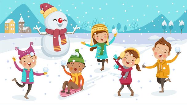 niedliche Kinder in warmen Kleidern. Junge fängt Schneeflocken im Mund. Reiten auf Schneerutschen. Kind Mädchen spielt Schneemann. Kleines Kind im klaren Schnee. Junge beim Schneeballspielen. Schneeschaufel. Mädchen fangen Schneeflocken - Vektor, Bild