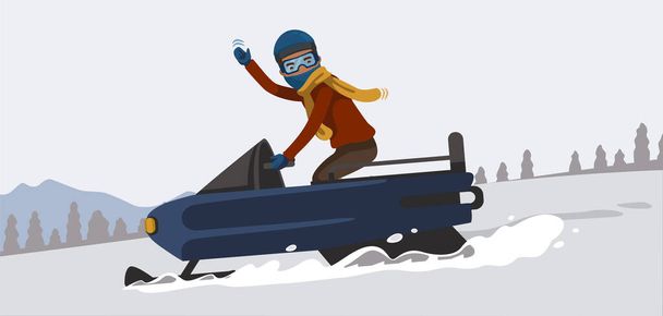 Kar arabalı kar arabası. Mutlu gülümsemeler ve karlı dağlarda kar motosikleti süren selamlayıcı adam. Vektör İllüstrasyonu - Vektör, Görsel