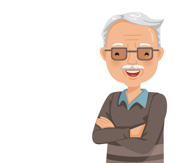 Elderly man smiling. Old man's face with glasses are laughing happily and cross one's arm. Feeling happy of granddaddy. Vector illustration isolated white background. - Vector, Image