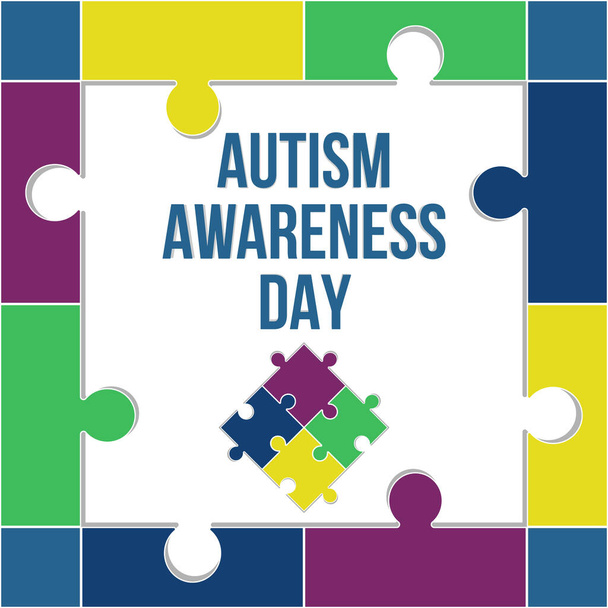  Vector illustratie over het thema van World Autism Awareness Day. Een kader in de vorm van puzzels, in het midden de tekst en elementen in de vorm van veelkleurige puzzels. - Vector, afbeelding