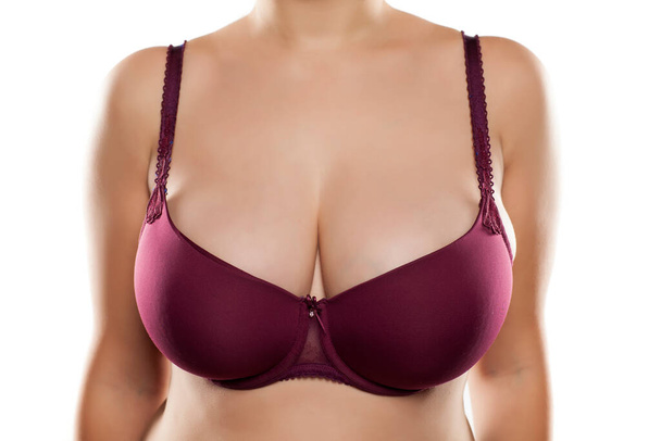 Large and beautiful women breasts in purple bra - Photo, Image