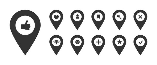 Közösségi média térkép mutató ikon készlet. Pin jel gyűjtemény. Fekete geotag hely pont, mint, wi-fi, keresés, kedvencek, check mark, személy szimbólumok. Vektor illusztráció web, app, infografika, hirdetés - Vektor, kép