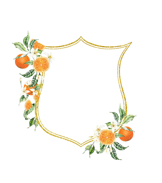 夏の結婚式の招待状のための水彩柑橘系のフレーム。柑橘類のオレンジクリッパーの手配。結婚式の夏の招待. - 写真・画像
