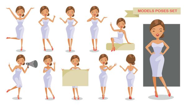 woman poses Model woman set of female. girl in White dress casual clothes. different poses. Beautiful cartoon. character Collection. active concept. vector illustration. Isolated on white background. - Vector, Image