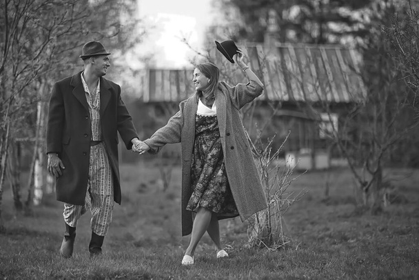 vintage couple in love village black and white french retro style man and woman - Valokuva, kuva