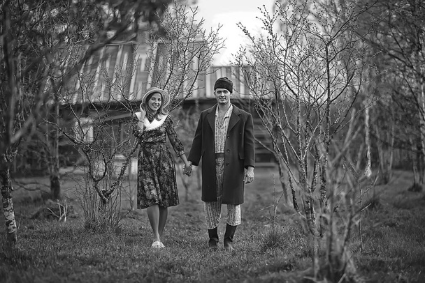 vintage couple in love village black and white french retro style man and woman - Фото, зображення