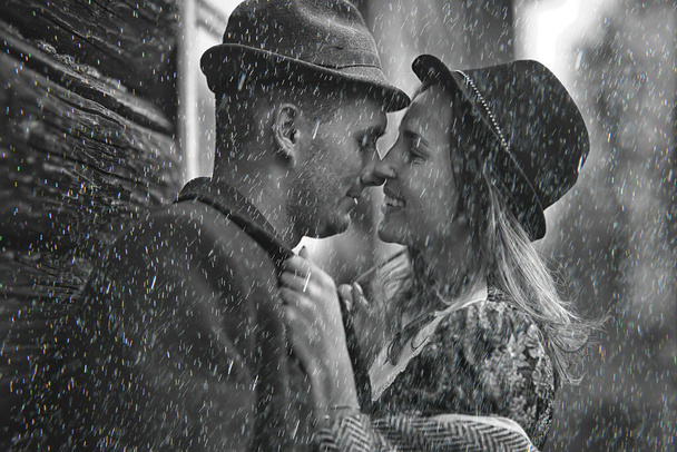 vintage couple in love village black and white french retro style man and woman - Photo, image