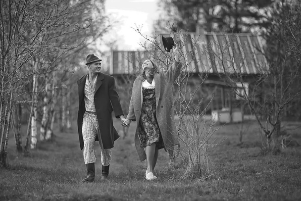 vintage couple in love village black and white french retro style man and woman - Foto, Bild