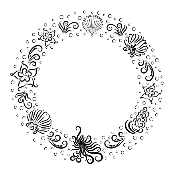 Wreath of marine composition: octopus, shell, seaweed, bubble and starfish. Sea. Undersea world. Image for your design. Isolated object on a white background. Vector illustration. Copy space. Template - Vector, Image