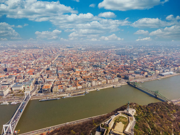 A beautiful view from the top of the day at the citadel on Gellert Mountain. Top view of Budapest and the Danube. Hungary. - Photo, Image