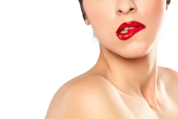red lipstick, sexy lips and bare shoulders - Foto, Imagen