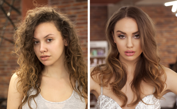 Transformar a las mujeres jóvenes usando maquillaje y peinados
 - Foto, imagen
