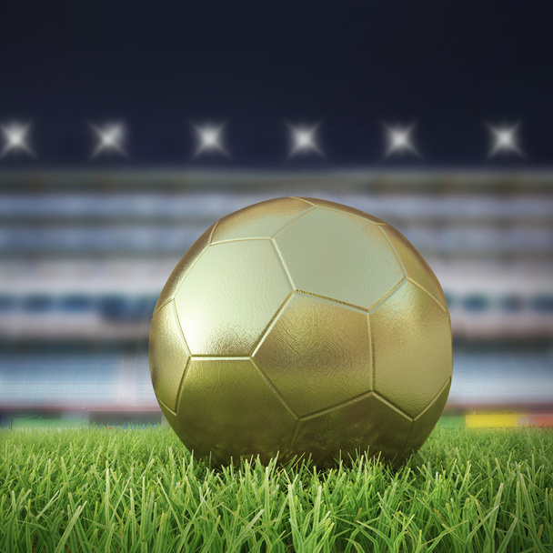 Χρυσή soccerball 3d παίζοντας πεδίο όμορφη δύση του ηλίου - Φωτογραφία, εικόνα