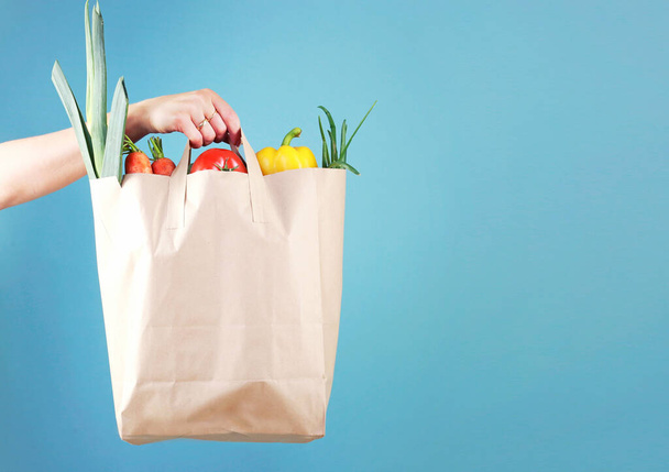 Hand holding paper bag with vegetables empty space blue background.Online market,internet supermarket. - Фото, изображение