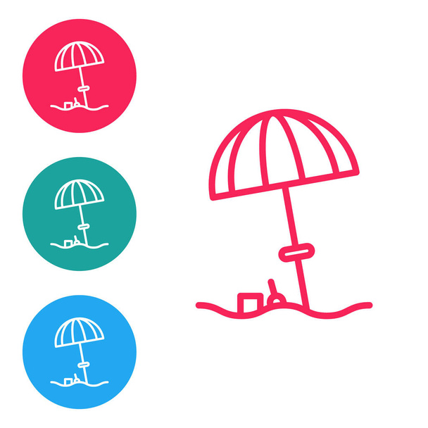 Červená čára Sluneční ochranný deštník pro plážové ikony izolované na bílém pozadí. Velký slunečník pro venkovní prostor. Plážový deštník. Nastavit ikony v kruhových tlačítcích. Vektorová ilustrace - Vektor, obrázek