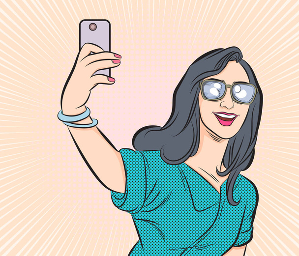 Sosyal medya ağlarında akıllı telefondan selfie çeken güzel genç kadınlar. Pop sanat vektör illüstrasyonu. Resim arkaplandan ayrıldı - Vektör, Görsel