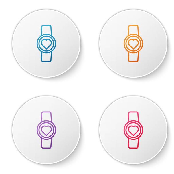 Linia kolorów Inteligentny zegarek pokazujący ikonę tętna na białym tle. Koncepcja aplikacji fitness. Ustaw ikony w przyciskach koła. Ilustracja wektora - Wektor, obraz