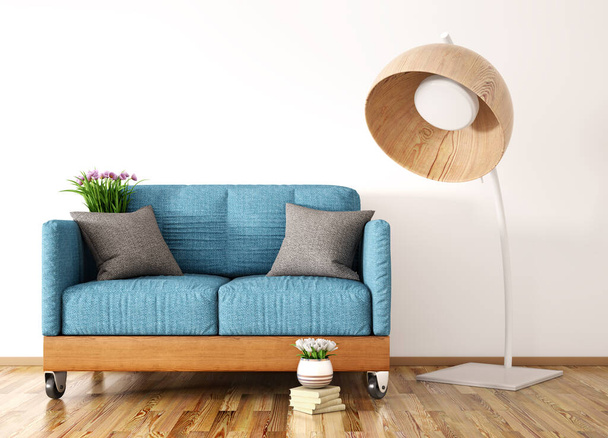 Modern oturma odasının iç tasarımı kanepe, gri yastık ve yerde lamba bulunan mavi kanepe, 3D işlemeli. - Fotoğraf, Görsel