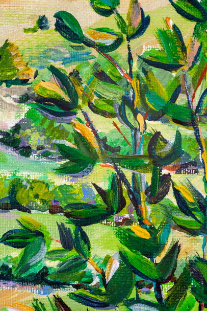 Details van acrylverf met kleur, texturen en technieken. Expressionistische boombladeren. - Foto, afbeelding