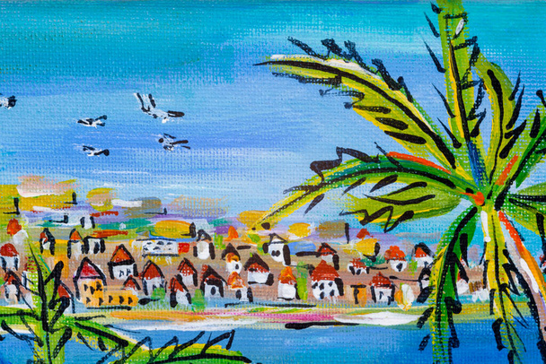 Details von Acrylgemälden, die Farbe, Texturen und Techniken zeigen. Dufy Stil französische Küste Szene Detail mit Palme und entfernten Häusern. - Foto, Bild