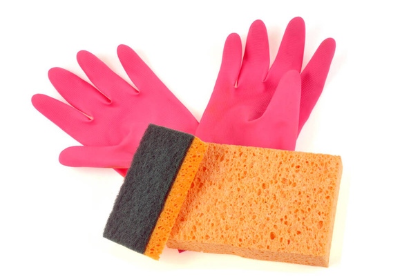Sponges on latex gloves close up on white background - Photo, Image