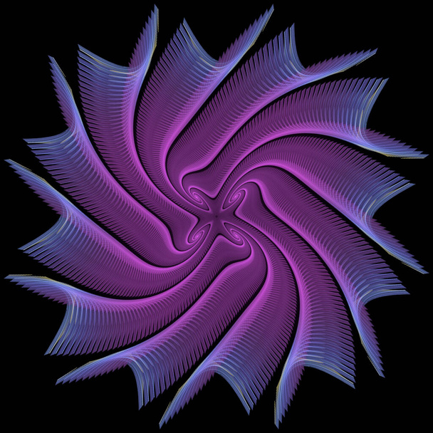 Náročná fialová a modrá abstraktní rotující hvězda, design květin (3D ilustrace, černé pozadí) - Fotografie, Obrázek