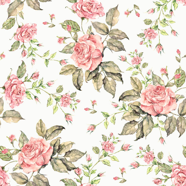 Watercolor pink rose with branch on light background. Seamless pattern for fabric. - Fotoğraf, Görsel