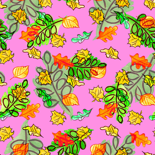 Abstract seamless pattern with watercolor leaves.Rowan. Oaktree. Maple. Beautiful natural autumn print. Colorful hand drawn illustration. - Valokuva, kuva