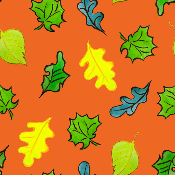 Abstract seamless pattern with watercolor leaves.Rowan. Oaktree. Maple. Beautiful natural autumn print. Colorful hand drawn illustration. - 写真・画像