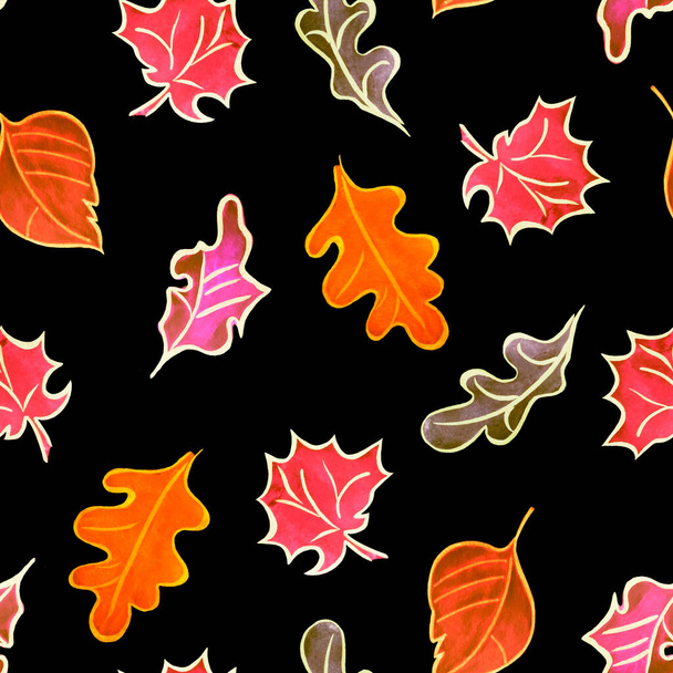 Abstract seamless pattern with watercolor leaves.Rowan. Oaktree. Maple. Beautiful natural autumn print. Colorful hand drawn illustration. - Foto, Bild