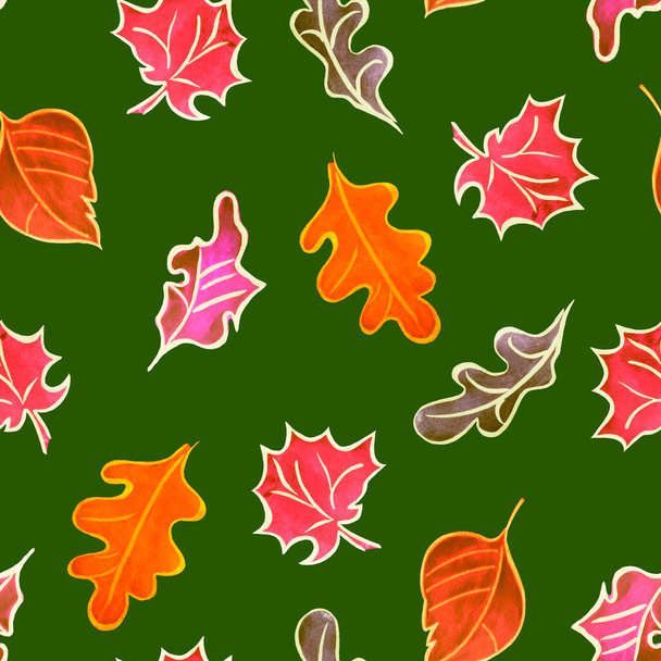 Abstract seamless pattern with watercolor leaves.Rowan. Oaktree. Maple. Beautiful natural autumn print. Colorful hand drawn illustration. - Photo, Image
