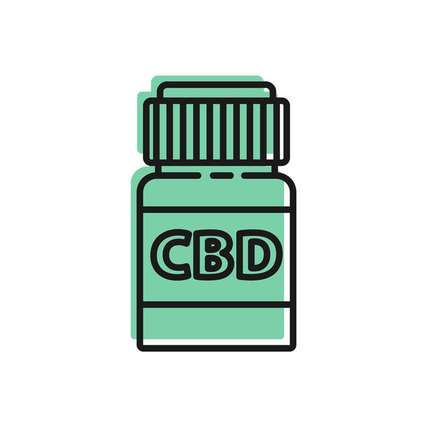 Ligne noire Bouteille médicale avec icône de marijuana ou de feuille de cannabis isolée sur fond blanc. Maquette d'extraits d'huile de cannabis dans des pots. Illustration vectorielle - Vecteur, image