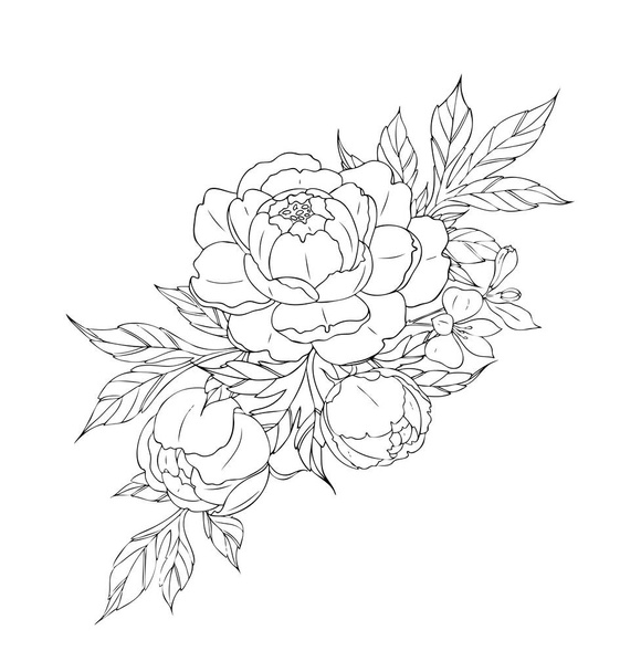 Квіти та листя півонії, татуювальні композиції. Чорна лінійна ілюстрація ізольована на білому тлі
. - Вектор, зображення