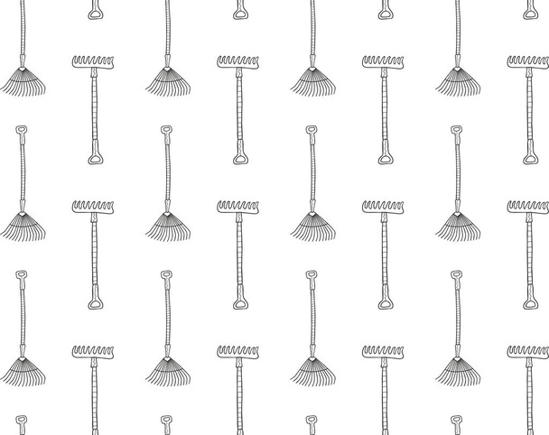 Seamless pattern of black outline garden and kailyard rakes with handles on a white background. Stylized hand drawing. Endless monochrome doodles pattern. Vector gardener tools. - Vektori, kuva