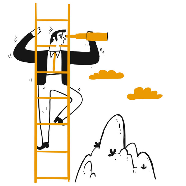 Επιχειρηματίας ηγέτης ανεβαίνουν σκάλες στην κορυφή με τηλεσκόπιο για να κοιτάξουμε γύρω και μακριά. Χέρι σχέδιο γραμμή τέχνης doodle στυλ απομονωμένο σε λευκό φόντο - Διάνυσμα, εικόνα