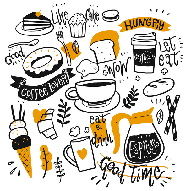 Zestaw sprzętu do kawy, ręcznie rysowane wektor Ilustracja doodle linii stylu sztuki. - Wektor, obraz