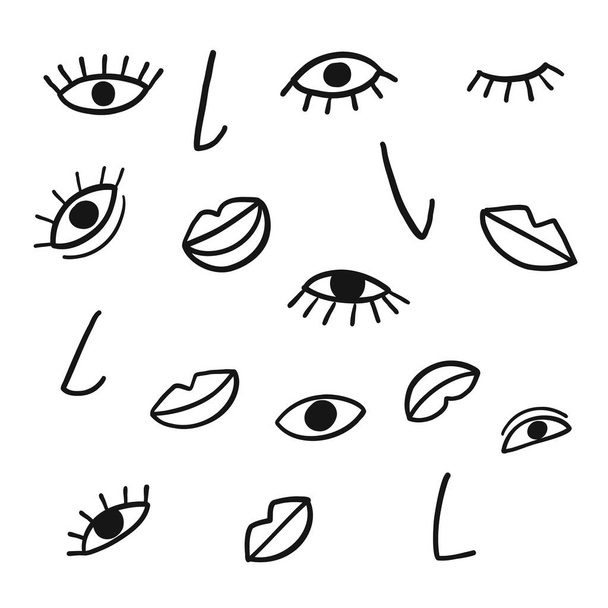 Handtekening oog, neus, mond met pop art element op witte achtergrond, Vector Illustratie doodle lijn art style. - Vector, afbeelding