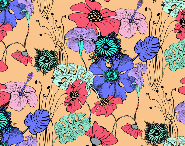 Fantastic blue flowers and butterflies. Seamless border. Vector  - Vector, Image