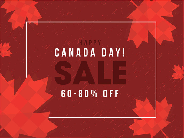 Happy Canada Sale Poster Design with 60-80% Discount Offer and Square Pattern Maple Leaves Decorated on Red Background. - ベクター画像