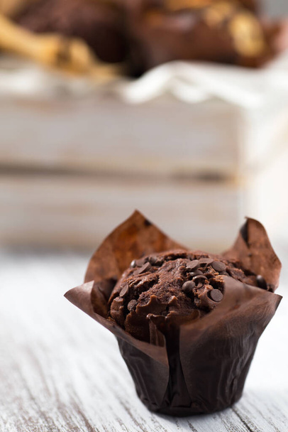 closeup of chocolate muffins with chips - 写真・画像