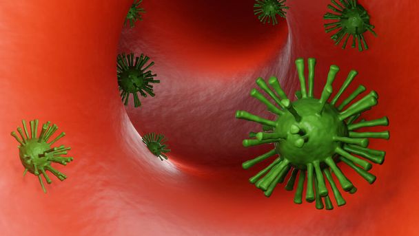Infección por el virus de la corona (COVID-19) de la ilustración médica. células patógenas del virus de la influenza respiratoria.brote de células profundamente arraigadas como síndrome respiratorio, síntomas de neumonía viral.3D render
. - Foto, Imagen