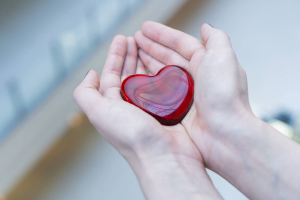 Kobieta trzyma szklane czerwone serce w dłoniach na Walentynki lub przekazać pomóc dać ciepło miłości dbać. Pojęcie dawstwa, ratowania życia lub miłości, szczere oddanie wierze Strzał z bliska. - Zdjęcie, obraz