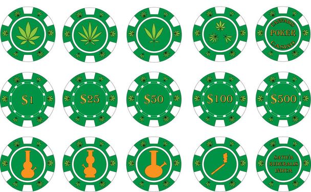Poker-Casino-Chips mit Cannabis-Bildern in grünen Farben. - Vektor, Bild